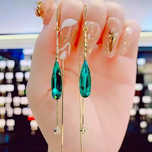 Gold Plated Emerald Tassel Dangle Zircon Earrings - Picture 3 of 5